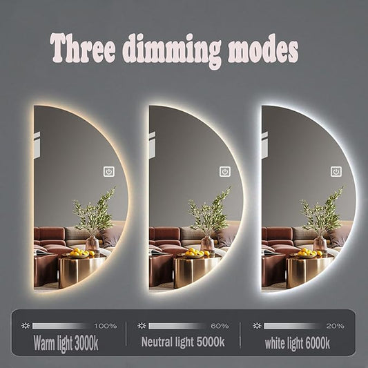 39in Half Moon LED Bathroom Mirror - Half Moon Mirrors for Wall,Frameless Backlit Smart Vanity Mirrors.3-Color Dimmable,Anti-Fog(Left Semicircle, 20 * 39in/50 * 100cm)