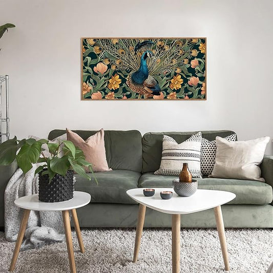 HLNIUC Boho Peacock Flower Framed Canvas Wall Art,Vintage Green Gold Floral Horizontal Wall Decor,Retro Animal Feather Artwork(40x20),Large Modern Botanical Prints for Living Room,Bedroom,Office