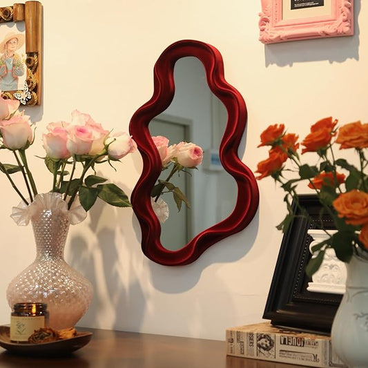 Mirror Wall Decor for Home Office Apartment, Asymmetrical Decorative Mirror for Entryway Porch Fireplace, Irregular Hanging Wall Art Sculpture for Christmas (Wine Red)