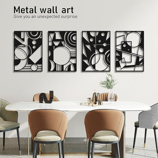 Bakovity Black Abstract Wall Art, Metal Art Wall Decor, Large Geometry Art, Modern 3D Abstract Wall Sculptures for Bedroom Bathroom Living Room (4 Pack, 16 x 11 in)