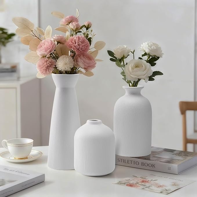 White Ceramic Flower Vases Set of 3, Valentine's Day Gift Vases with Vertical Stripe Texture, Modern Decorative Vases for Dried Flowers, Home Decor Vase for Living Room Bedroom Kitchen Shelf