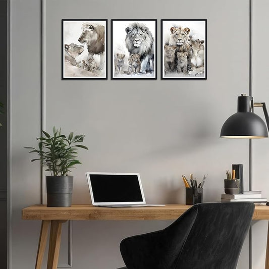 Majestic Lion Framed Canvas Wall Art Warming Lion Family Decor for Country House Apartment Living Room Bedroom Wildlife Animals Portrait Print Artwork Wall Decor Easy to Hand 12x16inchx3pcs