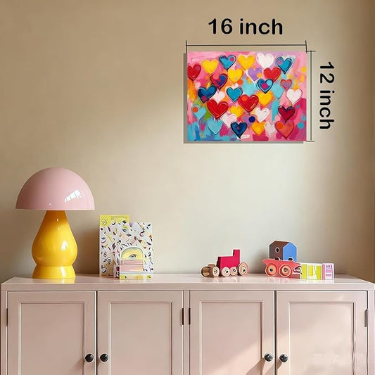 12x16 Framed Graffiti Pink Hearts Canvas Art Wall Modern Abstract Love Painting Colorful Kids Bedroom Decor Teen Girl Rainbow Room Wall Posters Child Gift Bathroom Oil Prints Office Bright Pictures