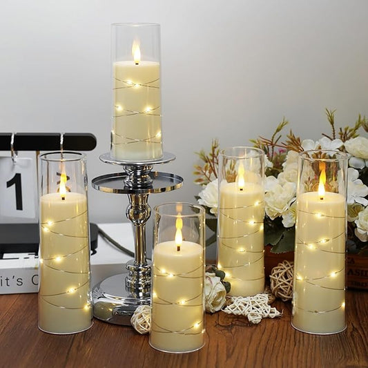 Flameless Candles,with Embedded Star String, Battery Operated Candles Flickering LED Pillar Candles with Remote Control and Timer, Home Decoration Add a Warm and Romantic Atmosphere,Set of 7 (Ivory)