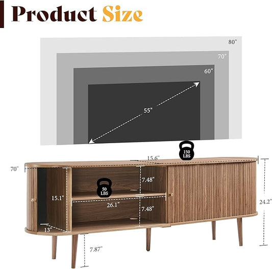 AMERLIFE 70" Mid-Century Modern TV Stand, TV Console Table for TVs up to 80 Inch, Fluted Wood Media Console with Storage, Solid Wood Legs, Walnut