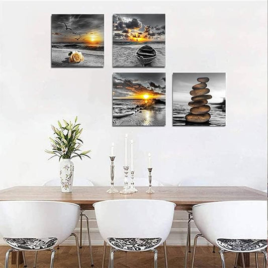 Bamdeya Black and White Gold Wall Decor Sea Sunset Beach Wall Art Seascape Zen Painting Sunrise Picture Ocean Canvas Print for Living Room Bedroom Bathroom Home Wall Decoration Framed Art