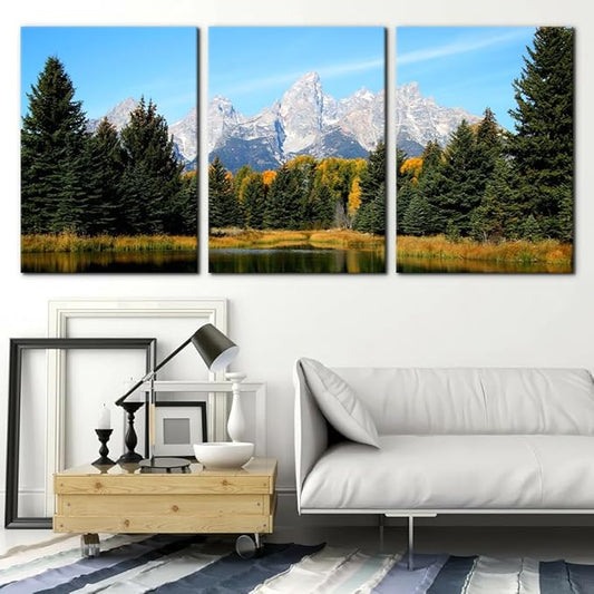 Pacimo 3 Pieces Canvas Art Wall Decor Grand Teton National Park Pictures Natural Landscape Painting Pond Prints on Canvas Modern Artwork Stretched and Framed Ready to Hang - 20"x28"x3 Panels