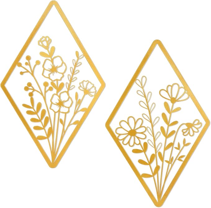 PullCrease 2 Pcs Metal Wall Art, Metal Flower Wall Decor, Modern Floral Art for Living Room, Bedroom, Bathroom, Rustic Farmhouse Decor, Sculpture Kitchen Decoration(Gold)