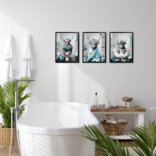 sechars Highland Cow Bathroom Wall Art 3 Piece Funny Bathroom Pictures Canvas Print Grey and Teal Decor (Teal)