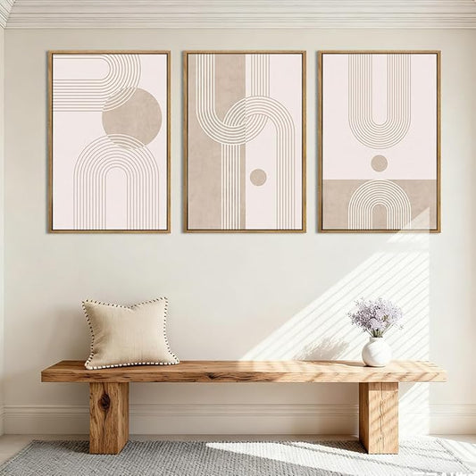 ANHUIB Extra Large Neutral Boho Abstract Canvas Wall Art Set of 3 Framed Mid Century Modern Wall Decor Beige Geometric Line Artwork Minimalist Prints 24x36 Inch Painting for Living Room Bedroom Dining Room Office