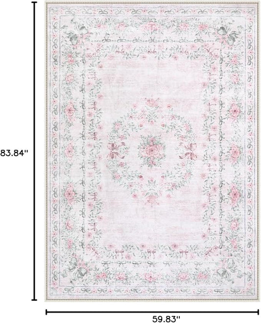 Wonnitar Floral Bow Pink Rug for Bedroom, Washable 5x7 Area Rug for Girls Nursery, Ultra-Thin Non Slip Soft Boho Carpet for Kids Room Dorm Living Room, Light Pink