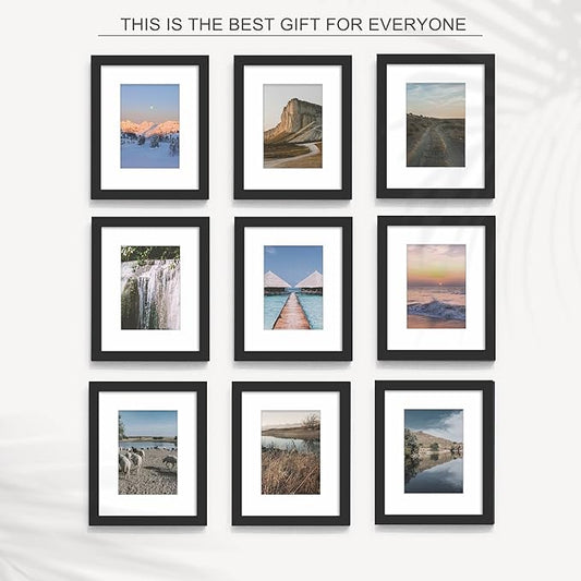 Wiscet 8x10 Picture Frame Set of 9, Display Pictures 5x7 with Mat or 8 x 10 Without Mat, Photo Frame for Wall Mounting or Tabletop, Black