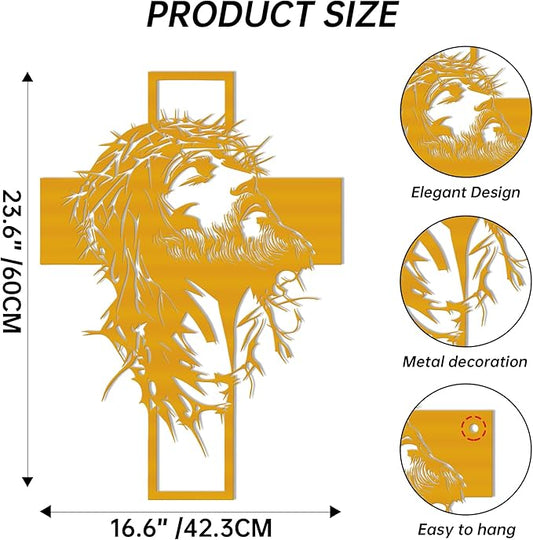 Slickss Golden Jesus Wall Art, Metal Cross Wall Decor with Jesus Figure, 14x10 Inch Religious Wall Hanging, Christian Home Decor for Living Room, Office, Bedroom