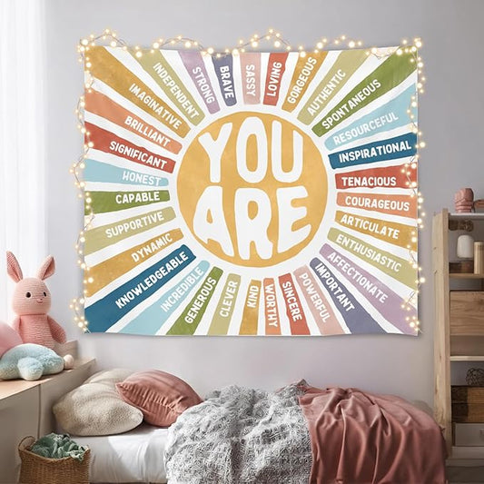 You Are Strong Wall Tapestry, Positive Affirmations Wall Hanging Decor, Self affirmation Poster Banner for Classroom, Counseling Office, Therapy Room, Teen Bedroom and Calm Down Corner(Colorful-You are)