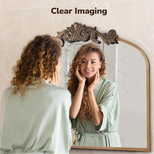 USHOWER Gold Anthropologie Vintage Arched Mirror 36" x 30", Large Baroque Ornate Mirror with Antique Brass Frame for Fireplace, Bathroom, Living Room, Entryway Renovation