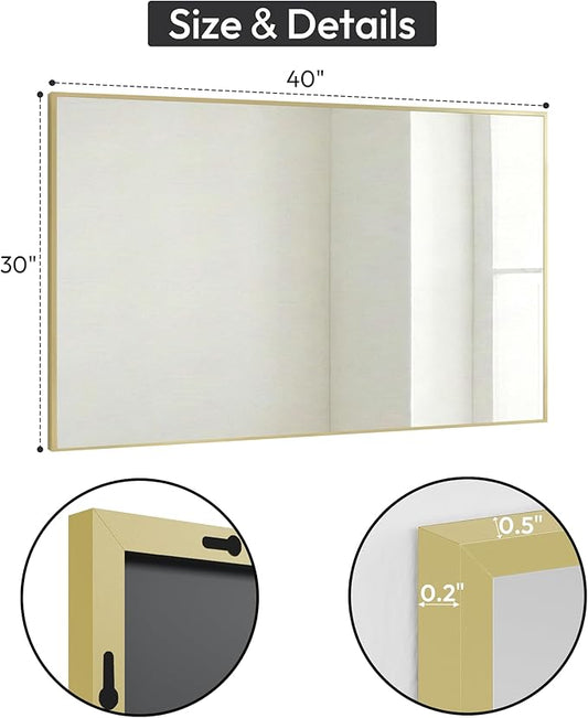 30" x 40" Gold Wall Mirror, 40" x 30" Metal Framed Accent Decor, Transitional Rectangular Mirror for Mantle & Bathroom Vanity