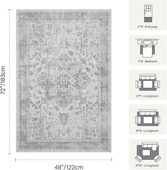 Rugxara Washable Area Rug for Living Room, Neutral Vintage Boho Rugs for Office, Dining Room, Kids Room, Farmhouse, Durable Low Pile Non Slip Carpet for High Traffic Areas, Light Grey(4x6ft)