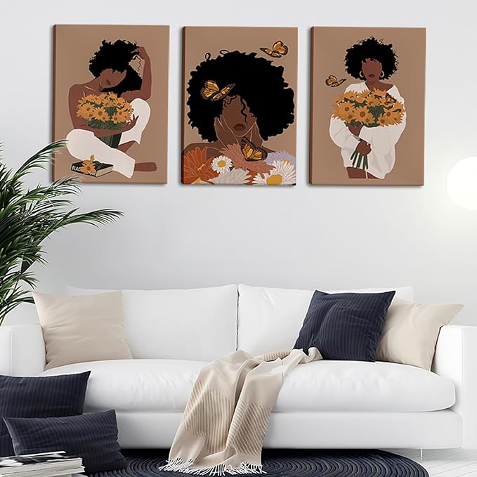 Black Woman Canvas Wall Art Set of 3 - Boho Black Girl Sunflower Posters African American Pictures Fashion Flower Art Prints for Nordic Minimalist Room Bedroom Wall Decor 16”x24”x3 Framed