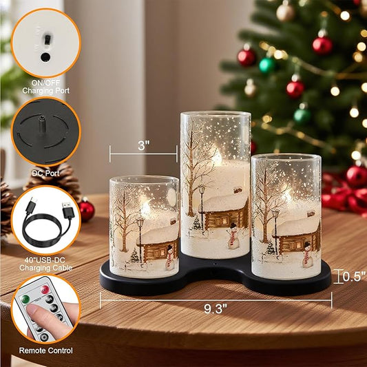 Snowman Glass Flameless Candles Rechargeable Battery Operated with Remote and Timer Real Wax LED Flickering Pillar Candles White Cold Light Window Christmas Holiday Decor D3 x 4",5",6"