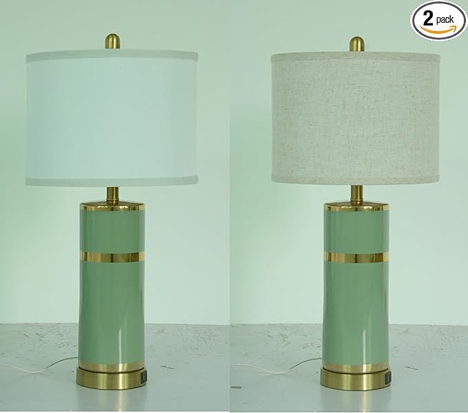 Ceramic Green Gold-Plated Decorative 28" Table Lamps Set of 2 with E26 Socket&Rotary Switch,USB A+C Ports,Modern Bedside Lamps for Nightstand,Bedroom,Living Room,Decoration,Office(Bulbs in)