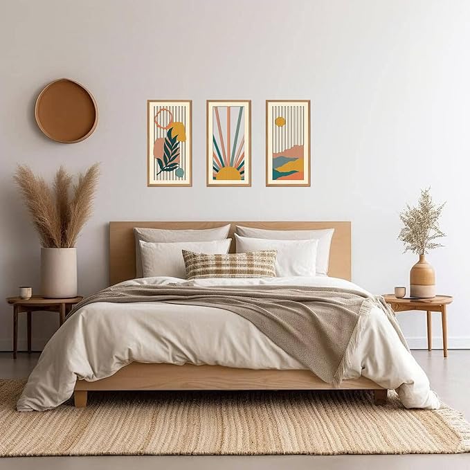 IARTTOP Boho Sunrise Wall Art Framed Set of 3 Mid Century Modern Wood Wall Decor Sage Green Minimalist Botanical Abstract Geometric Art Prints for Living Room Bedroom Office 8 x16Inch