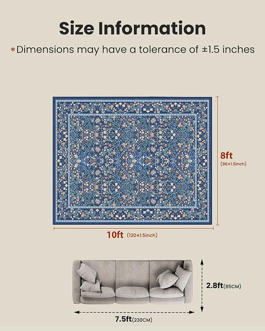 AMADA HOMEFURNISHING 8x10 Washable Area Rugs for Living Room, Non-Slip & Low-Profile Floral Large Area Rug with Durable Edge Binding, Soft Rugs for Living Room, Bedroom, Dining Room