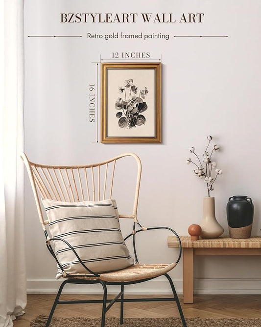 Bzstyleart Vintage Wall Art Decor for Living Room, Gold Framed Flower Wall Art Vintage Travel, Sketching Painting Picture, Home Decor Aesthetic for Kitchen Bathroom, Viola Sororia, 12L x 16W
