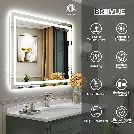 Briivue 48x40 Inch LED Bathroom Mirror with Lights, Backlit & Front Lit, Anti-Fog Lighted Bathroom Vanity Mirror for Wall, Memory Function, Dimmable, HD Tempered Glass, Shatter-Proof