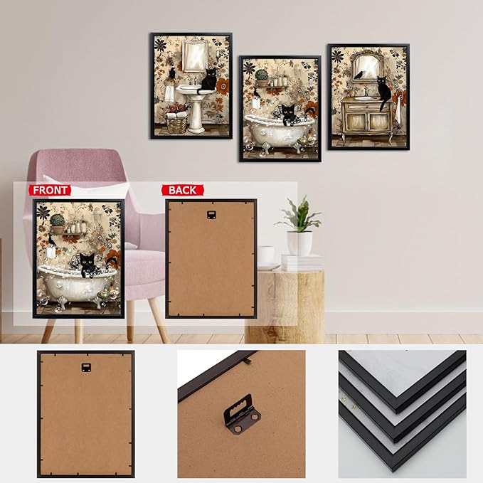 sechars Vintage Bathroom Wall Art Black Cats Painting Pictures Framed Bathroom Decor Canvas Print