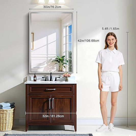 CIRCUMI 30"x42" Brushed Silver Mirror with Chunky Box Metal Frame, Bathroom Mirror for Vanity Remodel & New Home, Living Room, Entryway, Rectangular Wall Mirror, Tempered Glass, Vertical or Horizontal
