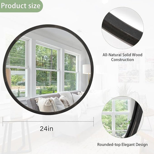 JJUUYOU Black Circle Wall Mirror Round Wood Framed Mirror for Bathroom Hanging Round Mirror for Living Room Vanity Bedroom 24 Inch