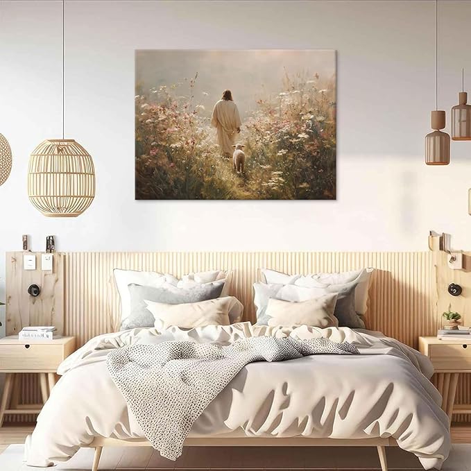 Jesus Leaves the 99 Sheep Wall Art The Lost Sheep Bible Stories Painting picture Wall Decor religion Christian Wildflowers Poster Print Artwork for Church LDS bedroom Living Home Decor 24x36 in Canvas