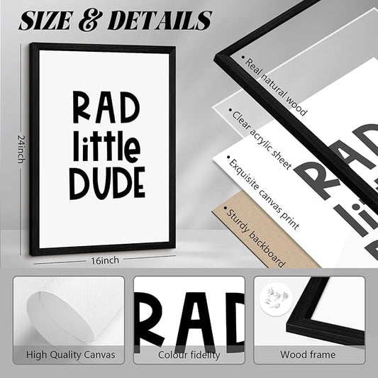 Boys Room Wall Art Decor Toddler Nursery Canvas Wall Art Baby Kids Wall Decor Black Checkered Smiley Poster Pictures Retro Playroom Rad Little Dud Art Prints for Bedroom 16x24x3 Inch Wood Framed