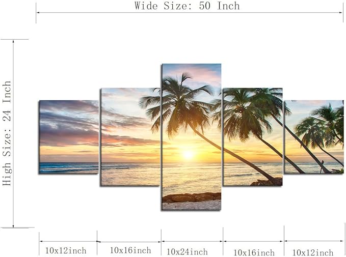 Modern Beach Painting Beautiful Sunset Landscape Ocean Pictures Framed Stretched for Living Room Home Decor Posters and Prints Seascape Wall Art Painting on Canvas 5 Panels (50''W x 24''H)