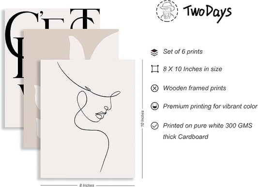 TwoDays Vanilla Girls Room Decor, Clean Girl Aesthetic Wall Art, Boho Beige Posters for Bedroom, Minimalist Cream Prints, Abstract Brown Pictures for Woman. (Set of 6, 10L x 8W, Framed)