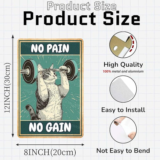 Metal Tin Sign Cat No Pain No Gain Gym Sign Vintage Metal Signs Retro Aluminum Tin Sign for Gym Door Home Bar Cafe Decor 8x12 Inch