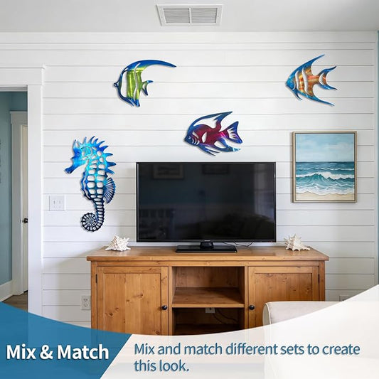 LiveInUrban Coastal Wall Art Seahorse Metal Wall Sculptures, Ocean Beach Themed Metal Hanging Home Decoration 15.8"x12.1"