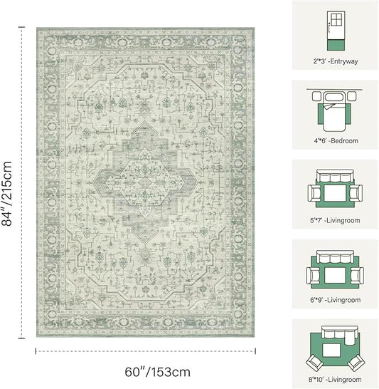 Rugxara 5X7 Washable Area Rug for Living Room, Vintage Large Boho Rugs for Office, Dining Room, Kids Room, Farmhouse, Durable Low Pile Non Slip Carpet for High Traffic Areas, Sage Green