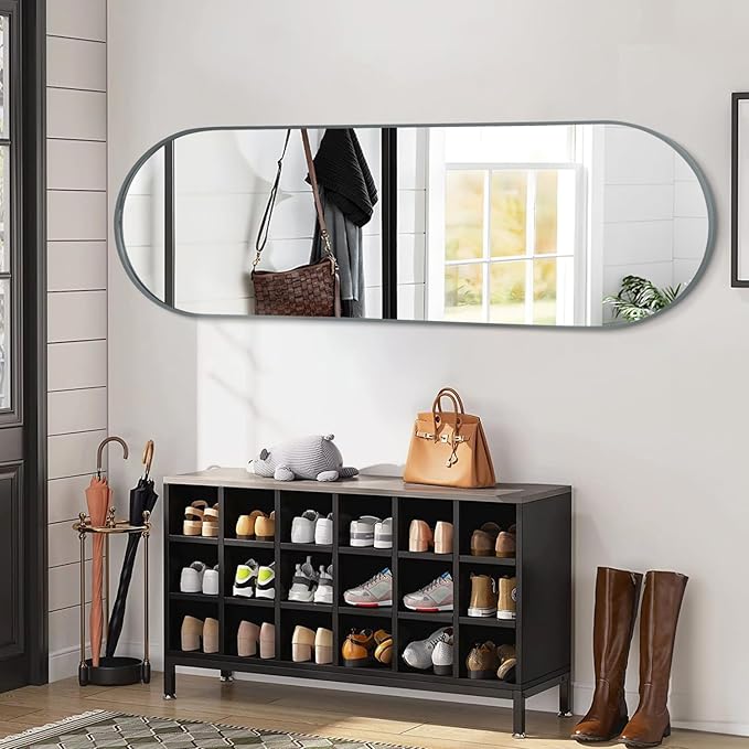 JJUUYOU Oval Full Length Bathroom Mirror 63"X20" Wall Mounted Vanity Mirrors Metal Frame Mirror Aluminum Alloy Frame Mirrors for Bedroom Entryway Living Room,Grey
