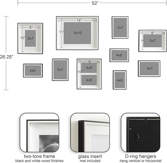 Kate and Laurel Gibson Transitional Picture Frame Set; Set Of 10; Varying Sizes; Black and White; Two-Tone Wall Frame Set Collection with Hanging Template for Gallery Wall Picture Frame Display