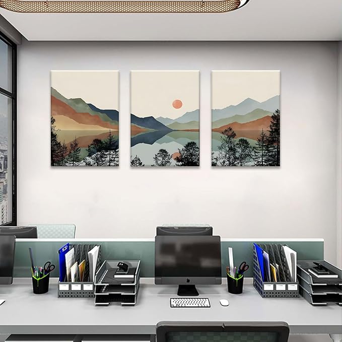 Bwodke Canvas Wall Art Framed Mountain Wall Art Set of 3 Boho Watercolor Nature Landscape Picture Decor Sun Forest Abstract Prints Artwork Painting for Living Room Bedroom Office 16"x24"