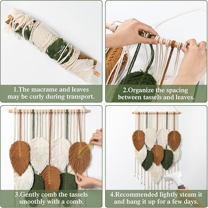 KHOYIME Macrame Wall Hanging Leaves Woven Tapestry, Boho Chic Home Decor Modern Bohemian Handmade Leaf Feather Wall Art Decorations for Apartment Dorm Living Room Bedroom Nursery Backdrop 16.5"x29.5"