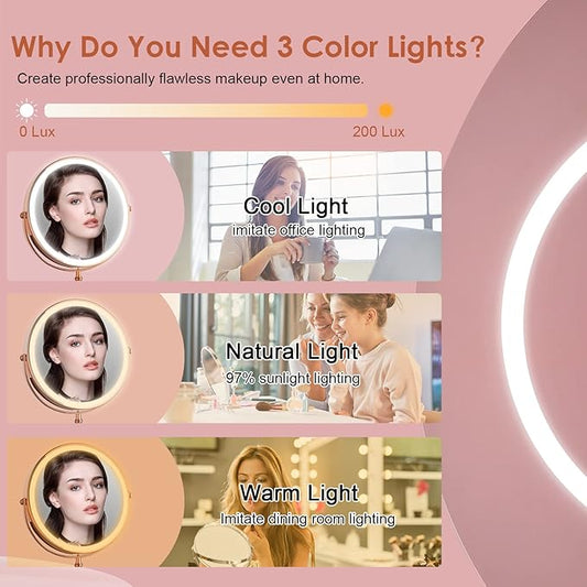 DEIOVWXS Makeup Mirror, 3000mAh Rechargeable Double-Sided Magnifying Vanity Mirror with 3 Colors, 1X/10X, Adjustable Brightness, Gifts for Mom, Mothers Day, Women, Wife, Girls, Dorm Room Essential