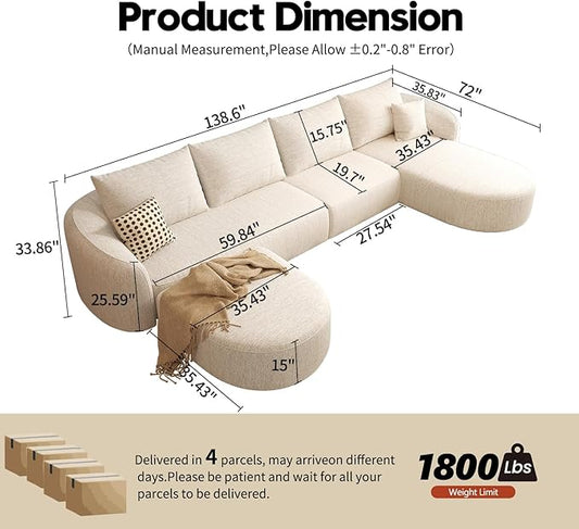 Settab 138.6" Modular Sectional Couches Luxury Modern Curved Back U-Shape Sofa Set with Ottoman,Minimalist Comfy Boneless Cloud Couch for Living Room Apartment,(Right Facing Chaise,White)