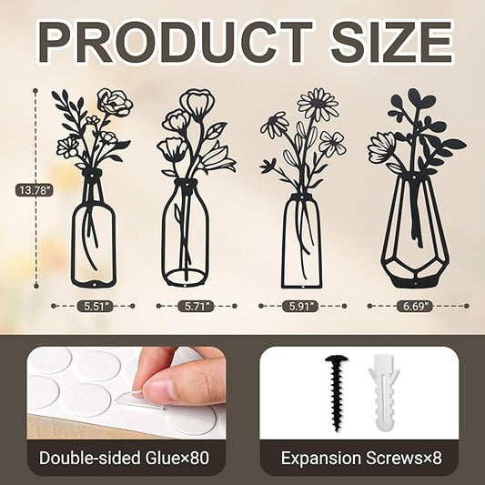 ZOES HOMDECO 4 Pcs Metal Flowers Wall Art Modern Farmhouse Decor Black Bathroom Wall Decor, Housewarming Gifts for Living Room Kitchen Bedroom Dining Room Office