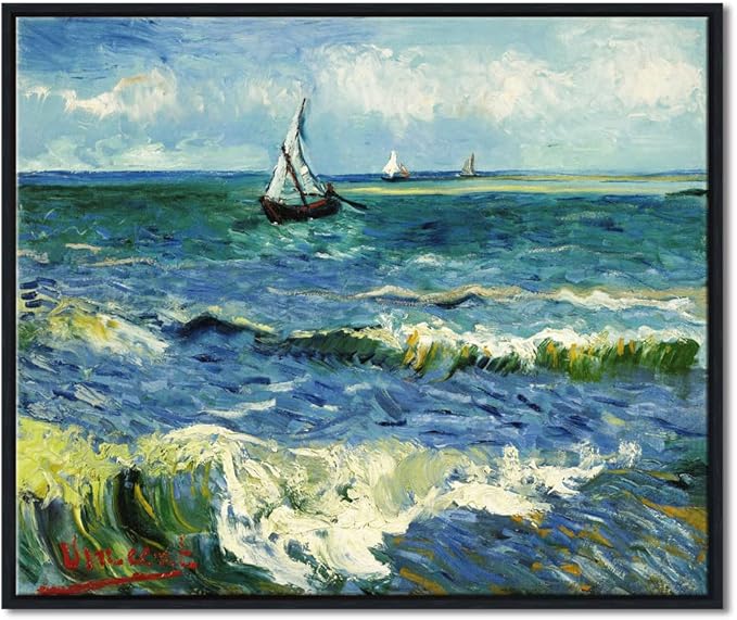 Wieco Art Black Framed Art Seascape at Saintes Maries by Vincent Van Gogh Oil Paintings Reproduction Modern Canvas Prints Sea Pictures on Canvas Wall Art for Living Room Home Deco