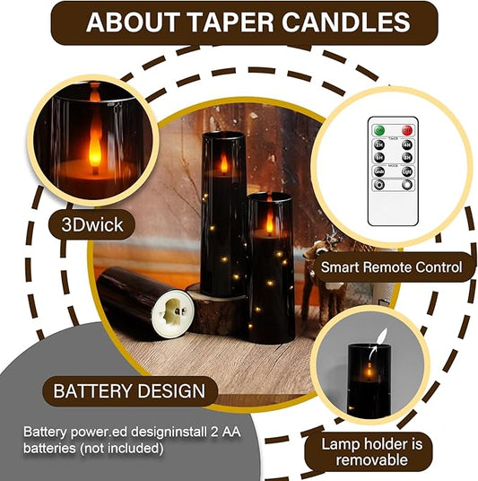 kakoya Flameless LED Candles with Timer 9 Pc Flickering Flameless Candles for Romantic Ambiance and Home Decoration Stable Acrylic Shell,with Embedded Star String,Battery Operated Candles(Black)