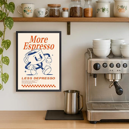 GELDSTEI Wood Framed Cute Coffee Wall Art, More Espresso Less Depresso Wall Decor, Funny Coffee Bar Aesthetic Picture, Vintage Cafe Bar Poster Print, Retro Cafe Cup Canvas Painting for Kitchen 16x24 Inch