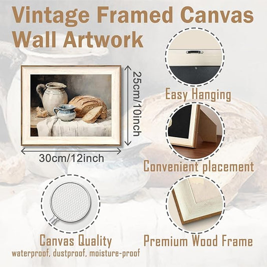 ASTRDECOR Framed Kitchen Wall Art, Modern Muted Still Life Painting Farmhouse Wall Decor, Sourdough Bread Canvas Wall Art Prints, Rustic Jars White Tablecloth Country Wall Decor Living Room-10''x 12''
