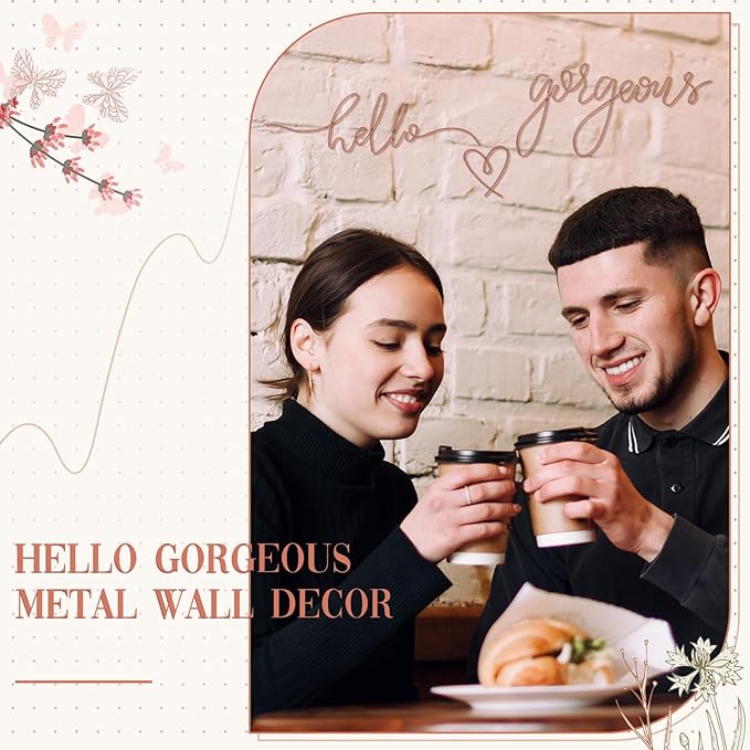 Hicarer Metal Hello Gorgeous Wall Art Minimalist Decor for Bedroom Bathroom Living Room Dressing Room Salon Office Home Decorations Easy to Install Wall Decor(Rose Gold,Classic Style)